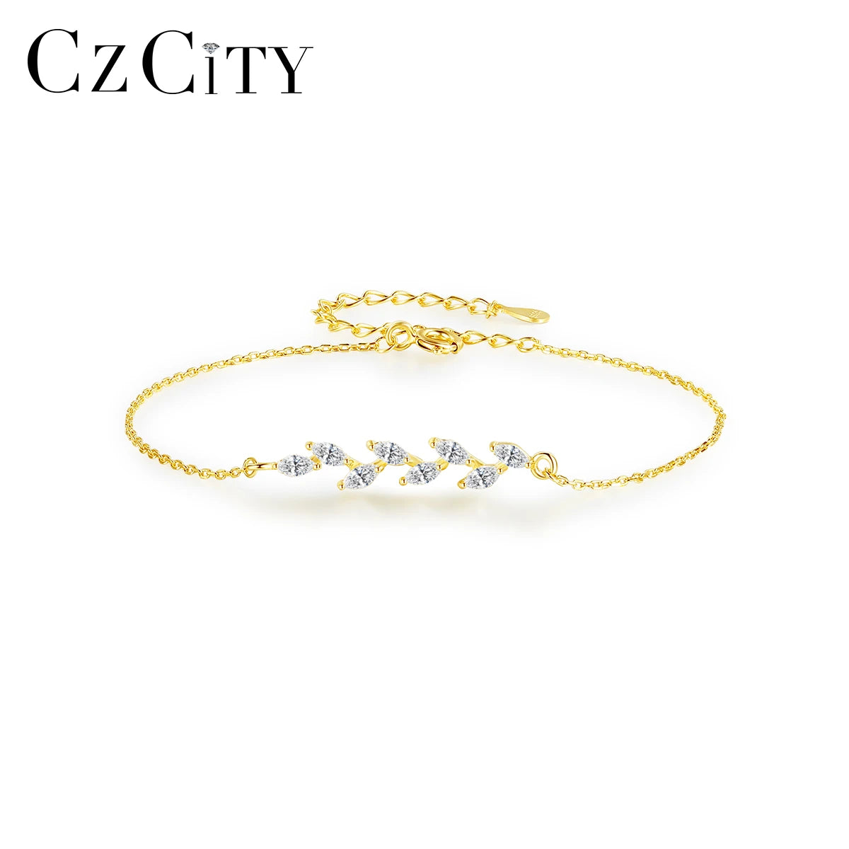 CZCITY Designer CZ Charm Hand Dainty 925 Link Chain Adjustable Charm Leaf Sterling Silver Bracelet