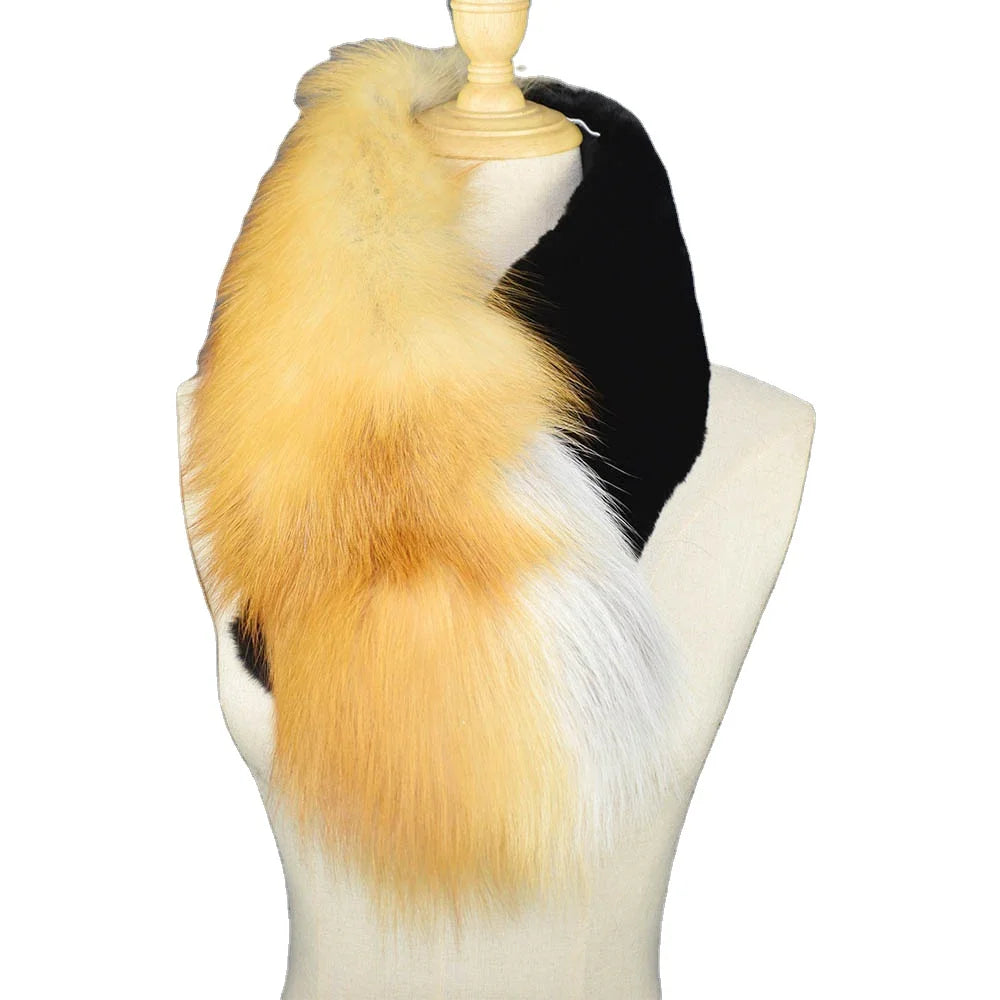 MWFur Luxury Whole Fox Skin Collar Fox Fur Scarf with Rex Rabbit Fur Fashion Real Fox Scarf for Women