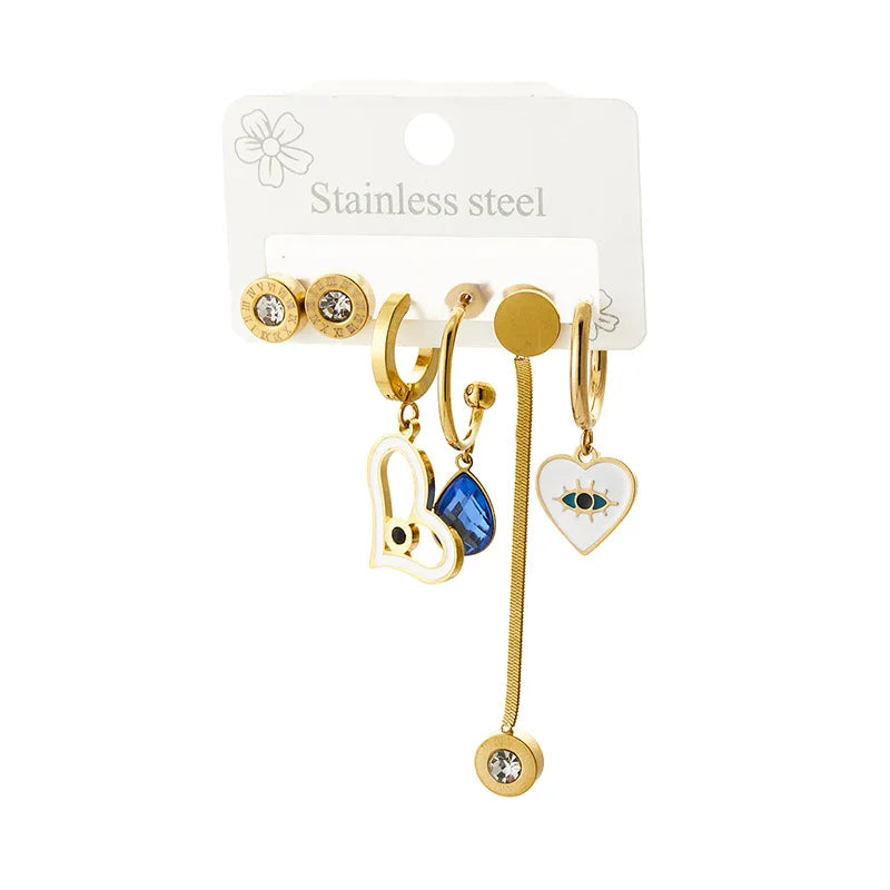 Shescity 18K Gold Plated Stainless Steel Drop Earrings Set Fashion Heart Eyes Zircon Designer Earrings Jewelry for Women