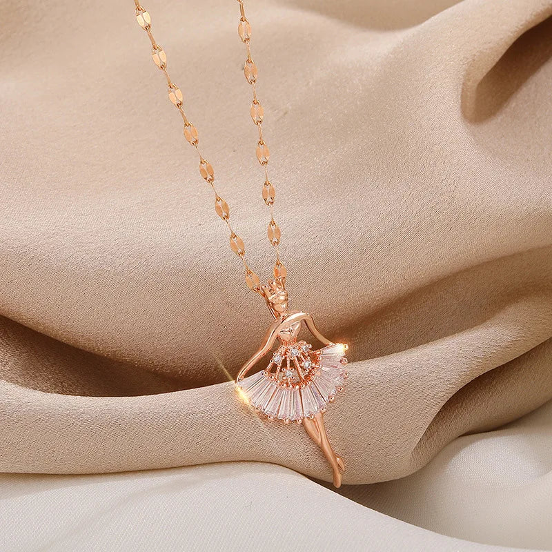 Fashion Elegant Ballerina Girl Crystal Zircon Pendant Necklace Stainless Steel Necklace Shine Zircon Pendant Necklace for Women