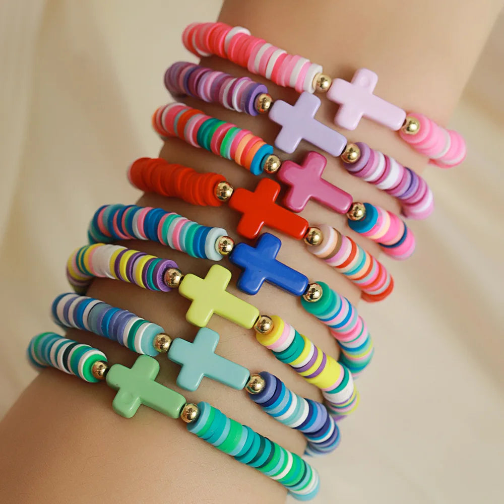 Bohemian Style Beach Rainbow Polymer Clay Turquoise Cross Bracelet for Women Men
