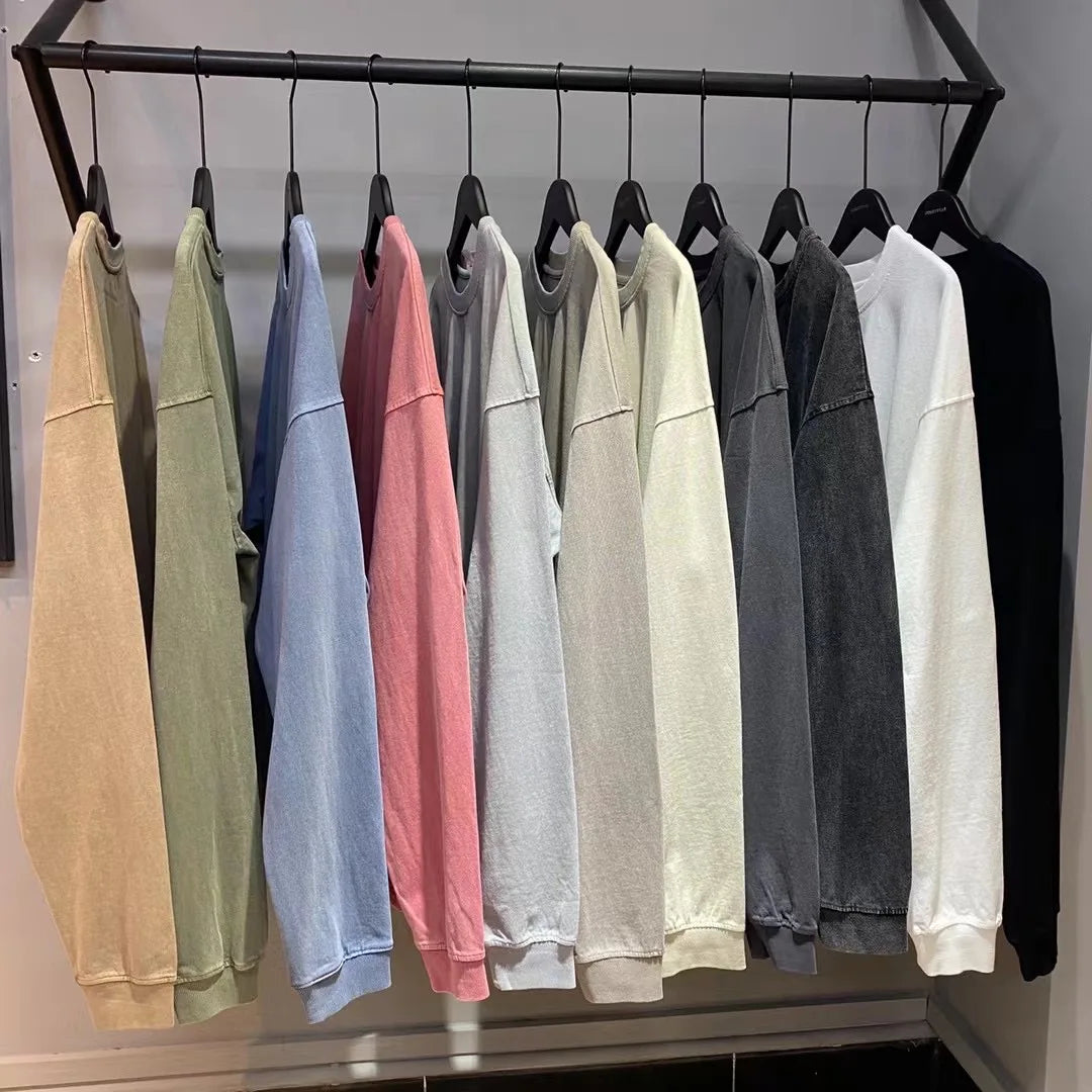 2021 New Style O-Neck Oversized Custom Long Sleeve 100% Cotton Yarn Dyed Knitted Print 310GSM Heavy Weight Men T Shirts