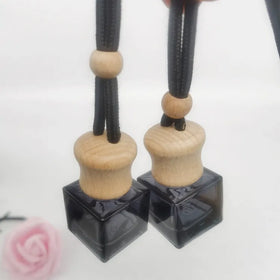 8ml Decorative Black square Glass Hanging Car Perfume Bottles with Wooden Screw Cap Air Freshener Glass Bottle