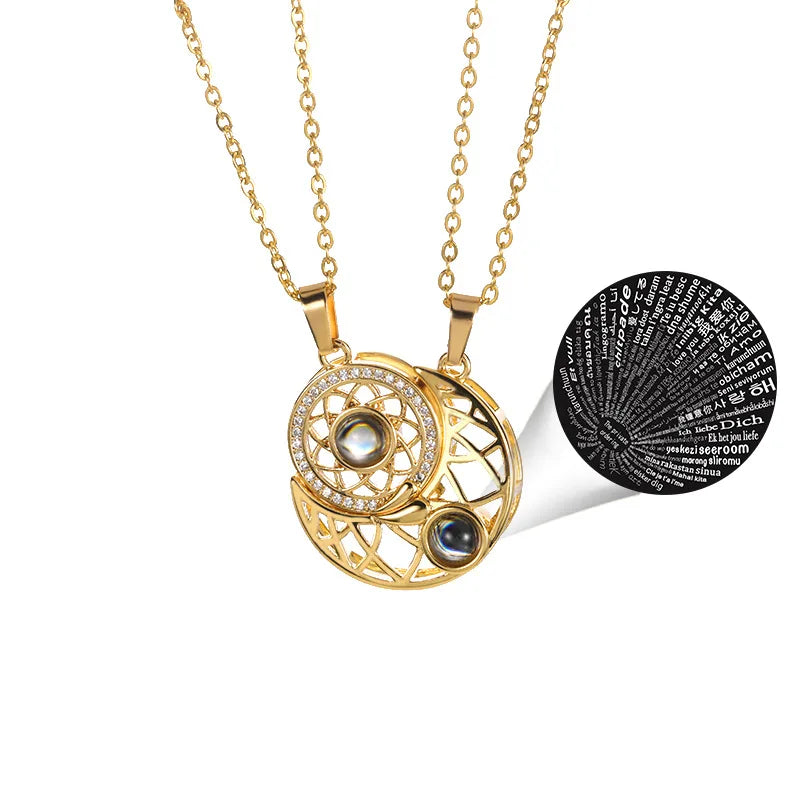 Sun Moon Star Projection Necklace Cross-Border Engagement Jewelry New 100 Languages 'I Love You' Necklace for Men and Women