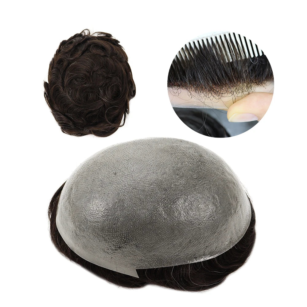 Indian Remy Human Hair Men's Full Skin PU Split Knot Toupee Right Capillary Prosthesis 110% Density Hair Unit Replacement System