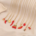 Gold Fruit Pendant CZ Strawberry Charm Enamel Watermelon Charm Red Chili Pepper Lips Pendant Necklace Mother's Day Gift