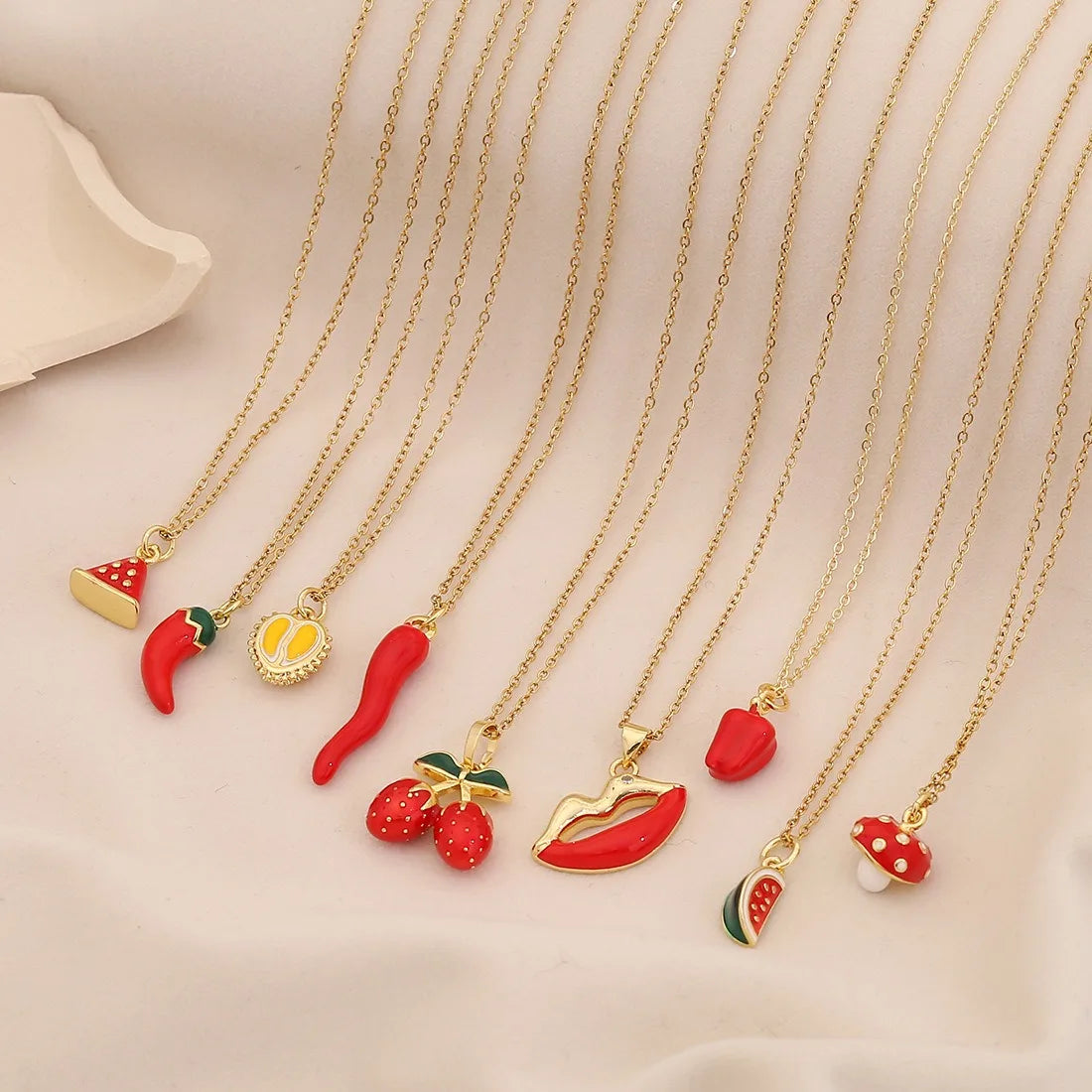 Gold Fruit Pendant CZ Strawberry Charm Enamel Watermelon Charm Red Chili Pepper Lips Pendant Necklace Mother's Day Gift