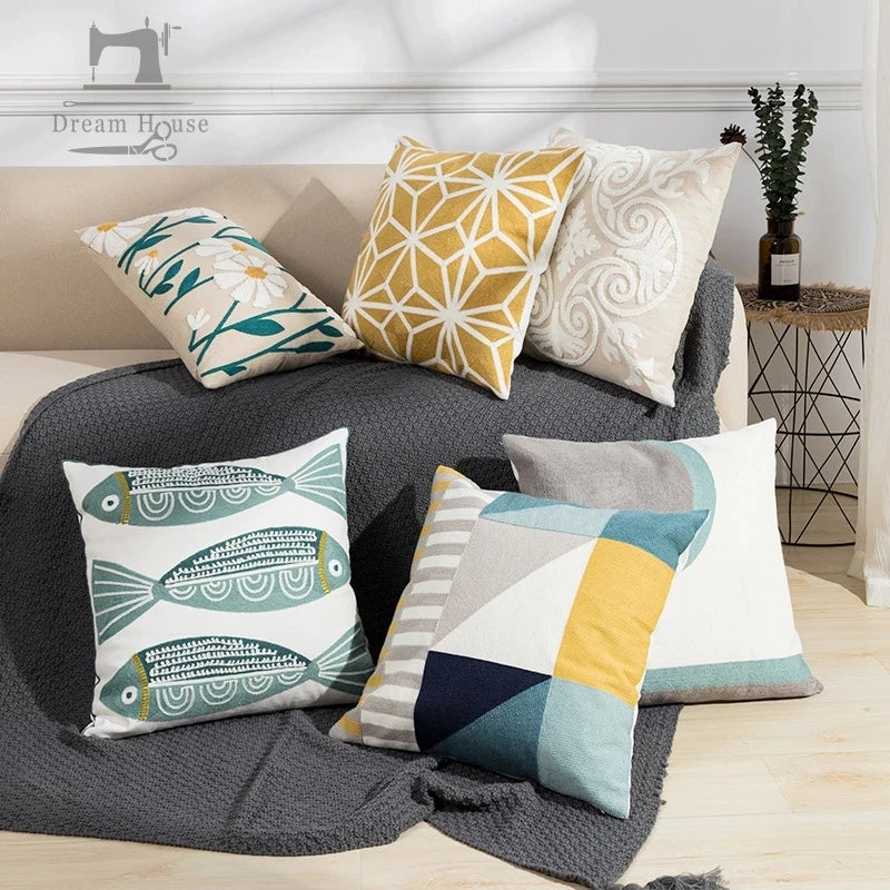 Daisy Yellow Floral Geometric Blue Embroidery Soft Cushion Cover Living Room Bedroom Car Hotel Cushion Cover
