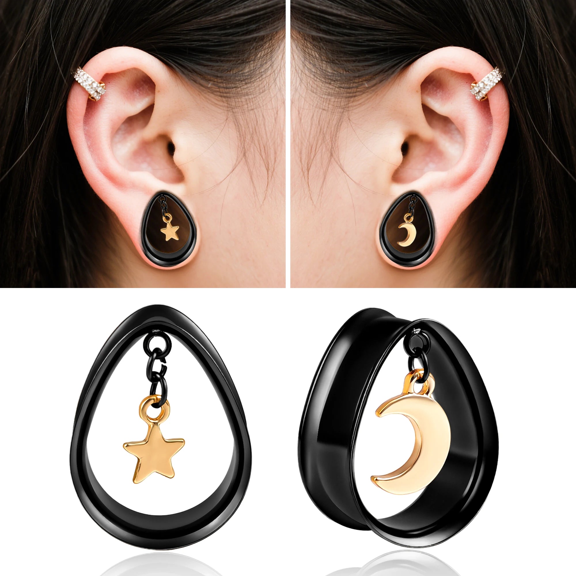 Evorte Waterproof Zircon Stainless Steel Moon Star Waterdrop Ear Plug Tunnel Stretchers Lobe Piercing Earrings Ear Wedding
