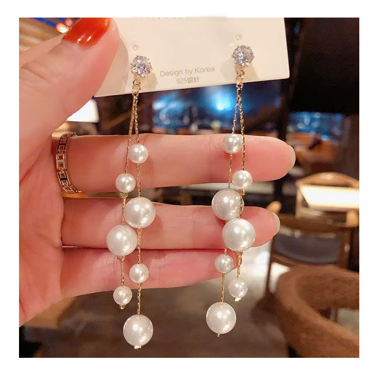 DAIHE 2024 Fashion Jewelry Korean Version Silver Needle Long Pearl Earrings Women's Tassel Earring