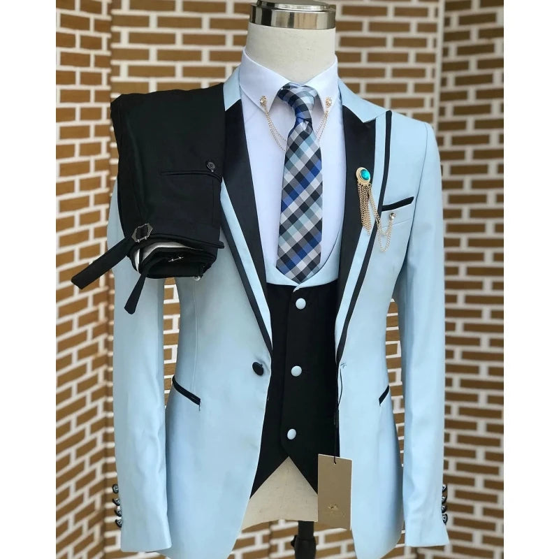 Light Blue Men Slim Business Casual Tuxedo Three-piece Set Jacket Pants Vest Male Wedding Groom Blazer Coat Trousers Waistcoat
