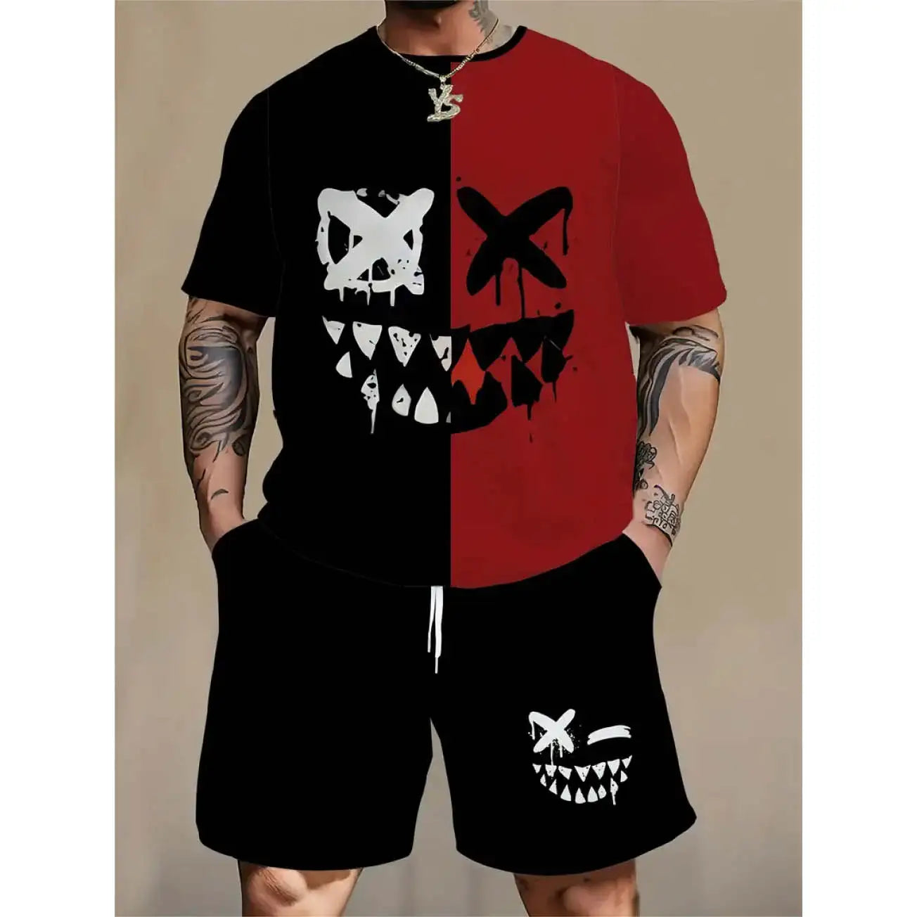 Men's Casual Streetwear T-Shirt Set Funny Face Pattern Red Black Color Block Summer Fashion Wholesale Custom Pattern Low Price