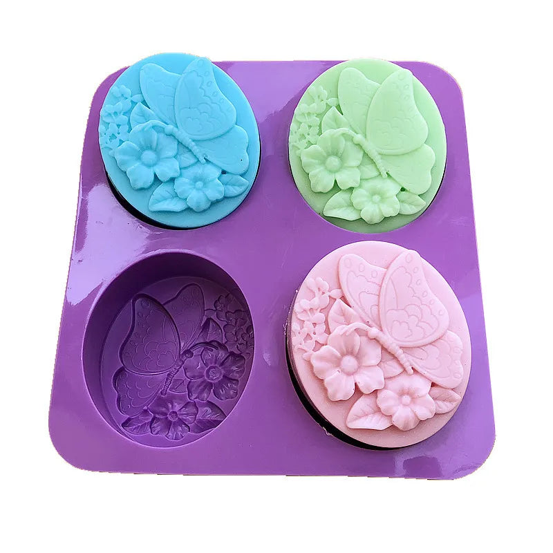 HY 4-Cavity Oval Soap Mold Silicone Butterfly Flower Mold for Cake Fondant Handmade Soap Wax Candle Resin Craft