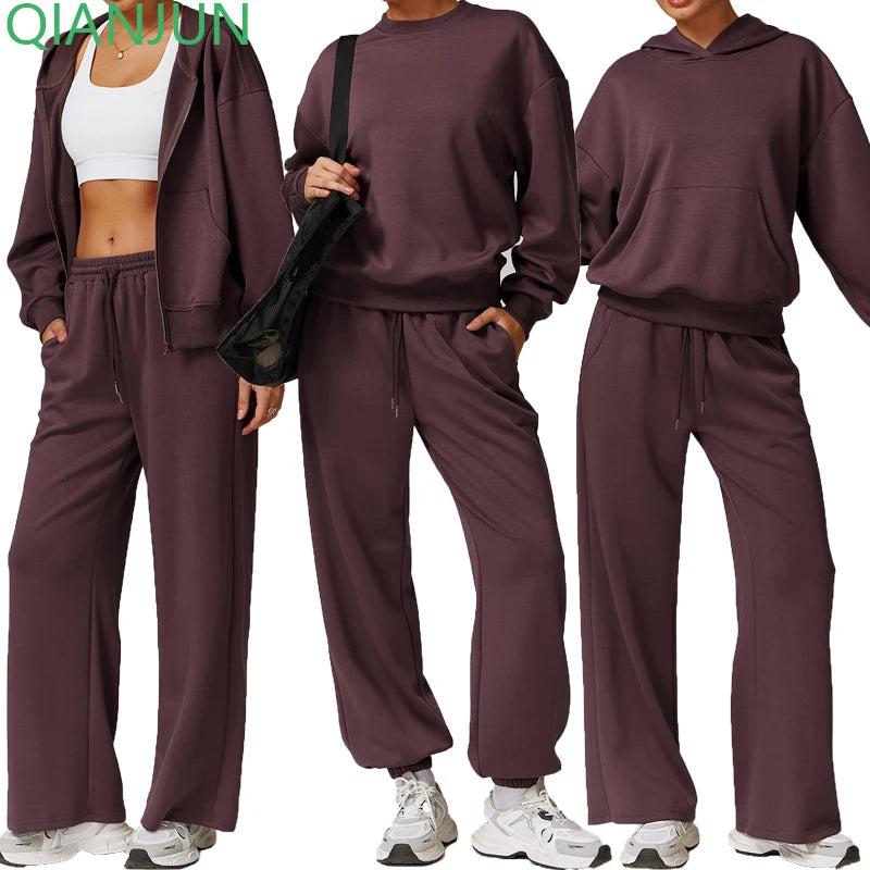 2024 New Solid Color Women Sweatsuit Sets Casual Jogger Pants and Long Sleeve Women's Sweater Set