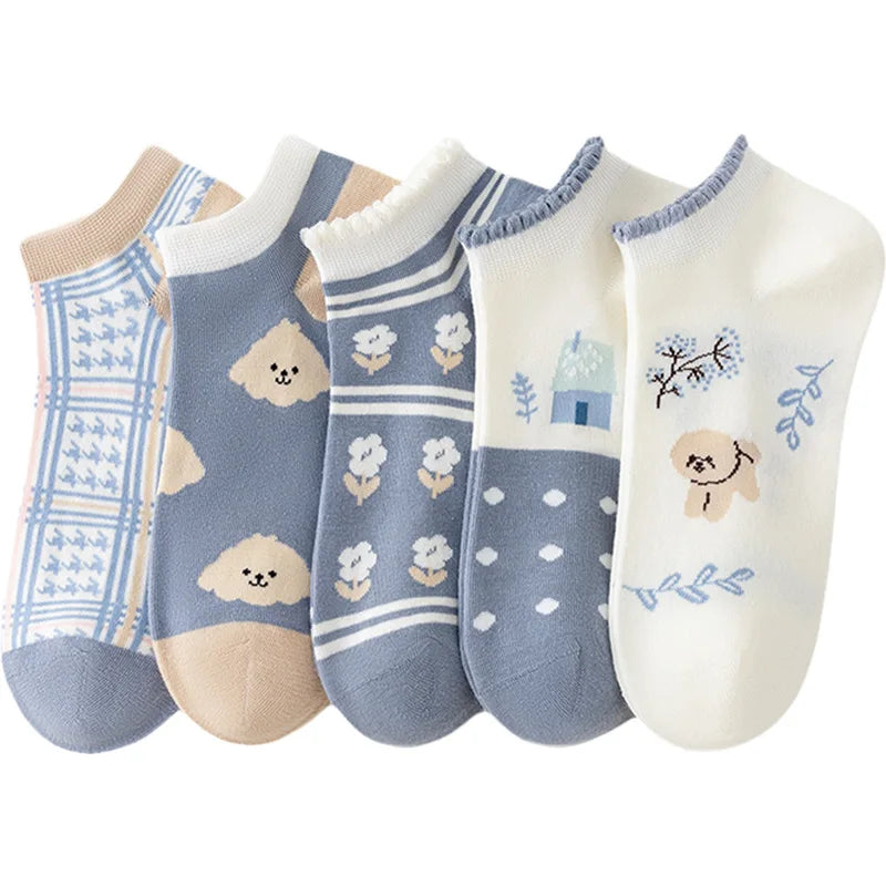 Women's Blue Cotton Boat Socks New Cute Cartoon Girl Design Disposable and Anti-Slip for Spring Summer Low Top Shallow Mouth