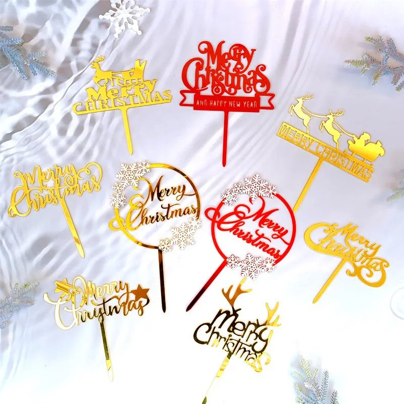 Gold Red Double Layers Merry Christmas Cute Elk Glitter Acrylic Cake Topper Cupcake Dessert Decoration Supplies Christmas Party