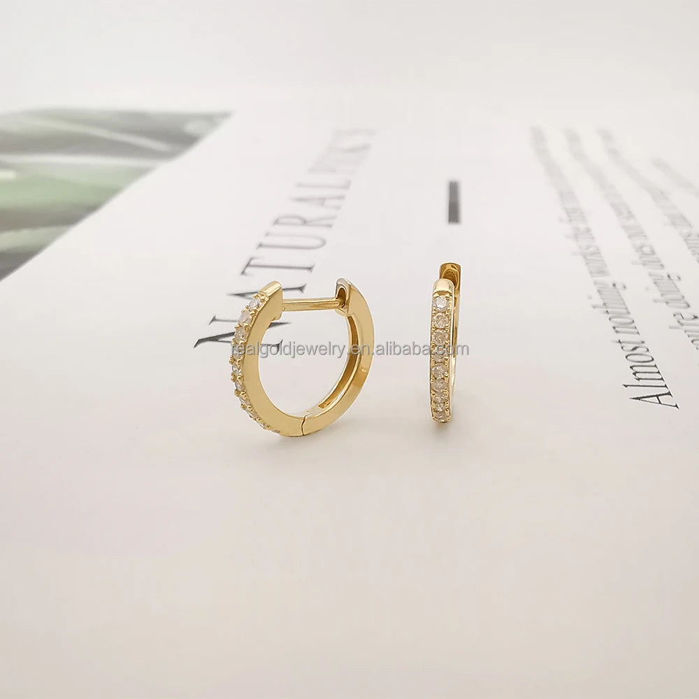Genuine 14K Gold Real Diamonds Huggie Cartilage Earrings Solid Gold Au585 Circular Earring Hoops