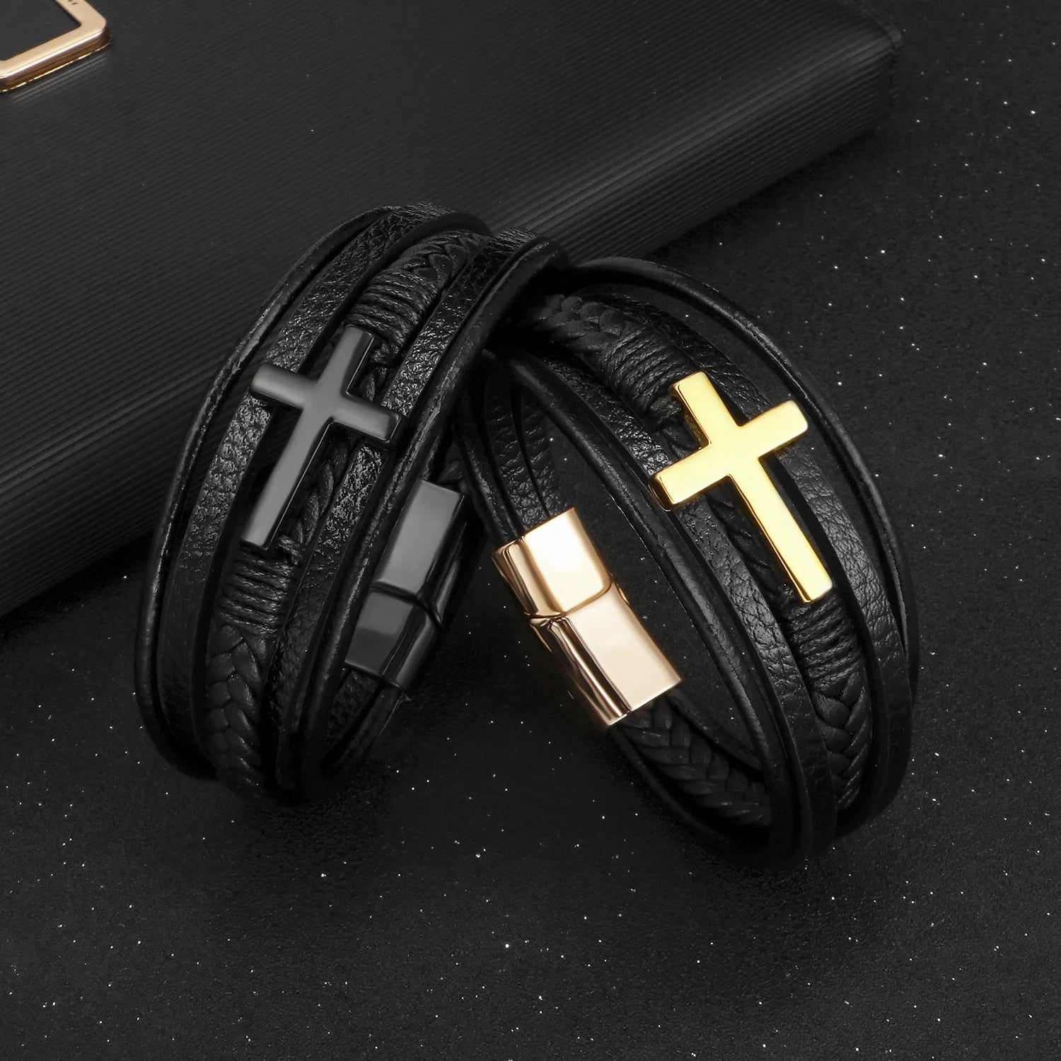 Cross Leather Men's Multi-Layer Hand-Braided Cord Magnetic Clasp Genuine Leather Bracelet