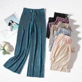 Wholesale Women Cheap Wide Leg Pants Casual Solid Color Elastic Drawstring High Waist Loose Long Pants Pleated Pant Trousers