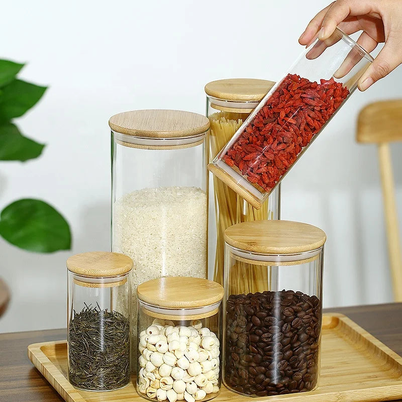 200-2500ml Hollow Borosilicate Glass Jars with Bamboo Lid for Building Storage Glass Decoration
