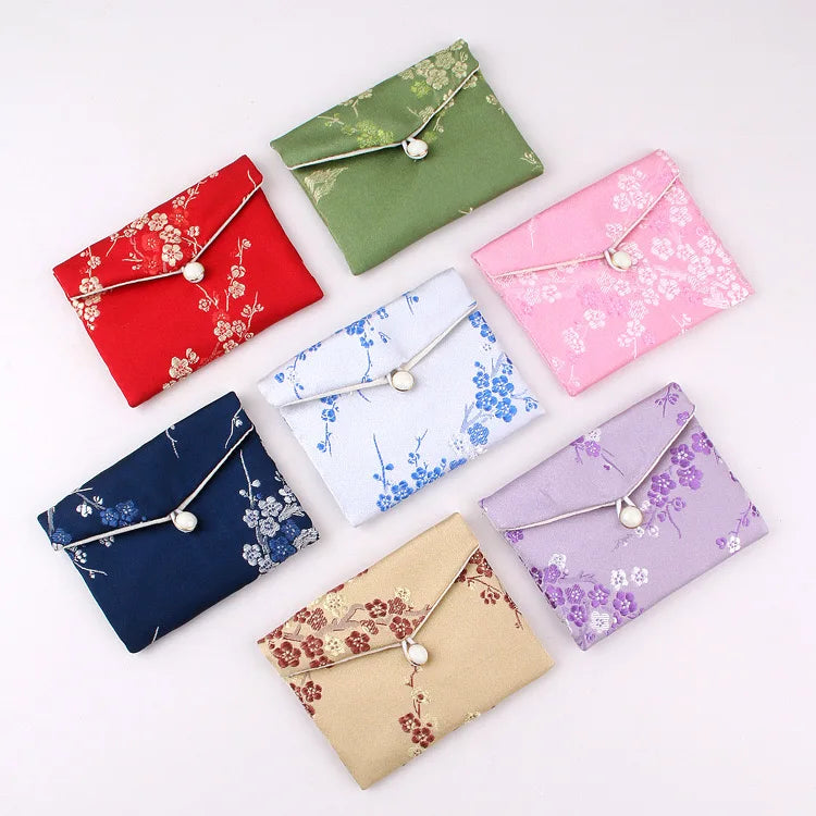 Chinese Style Satin Silk Brocade Jewelry Pouch Bag for Gift Packaging Small Pouch With Button