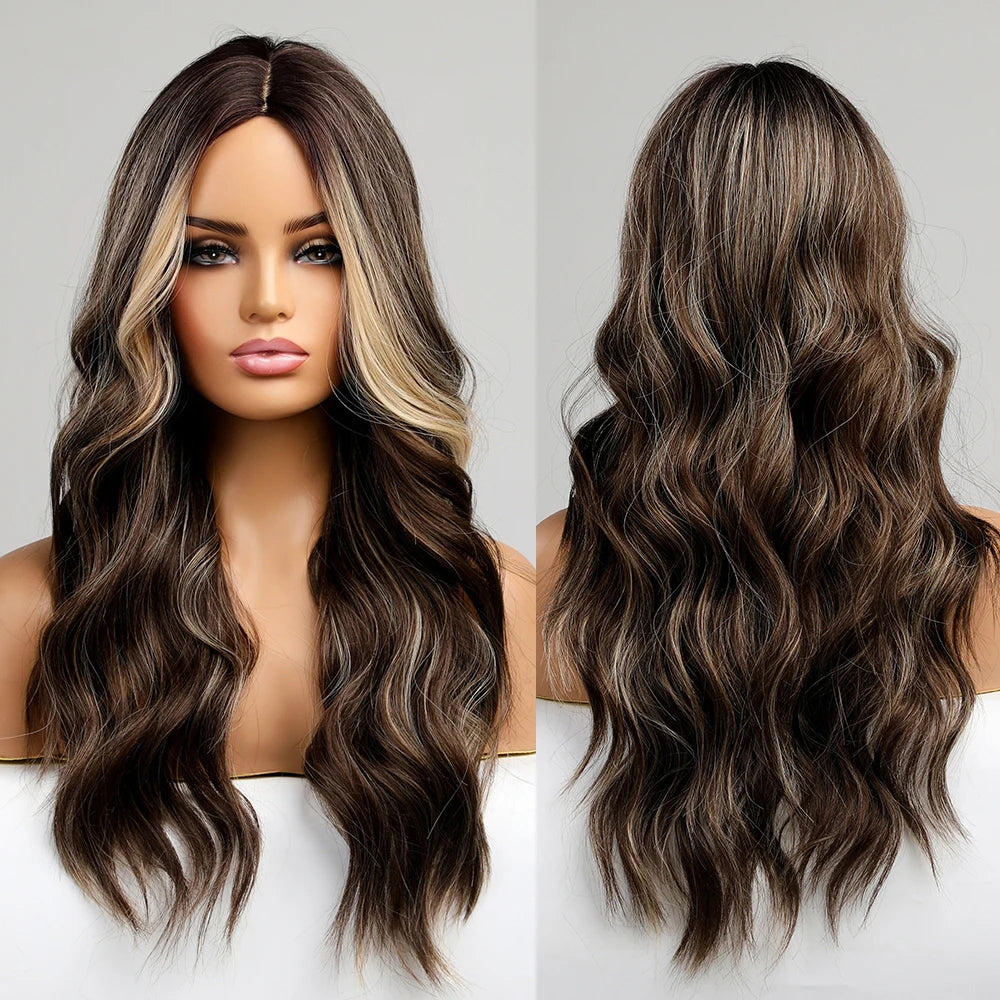 Factory Outlet 26 Inches Synthetic Natural Long Wavy Part Hair Wig Ombre Black Brown to Blonde Wig Fashion Wigs for Women