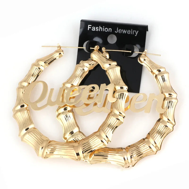Fashion Hollow Geometric Custom Letter Queen 9cm Round Clip on Earrings Gold Plated Bamboo Hoop Earrings for Women Jewelry