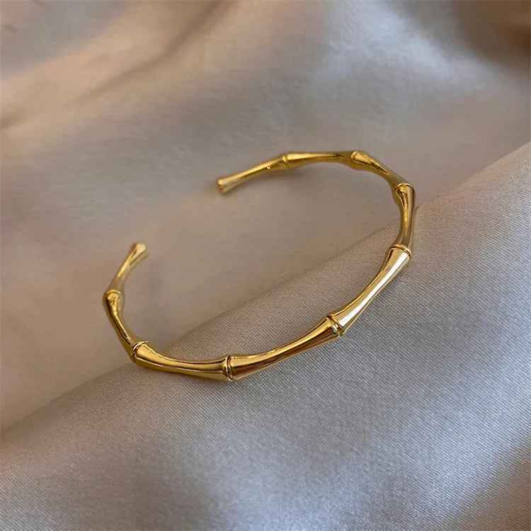 Wholesale No Fade Simple Fashion Women Stainless Steel 18k Gold Cuff Bamboo Link Charms Bangles Bracelet