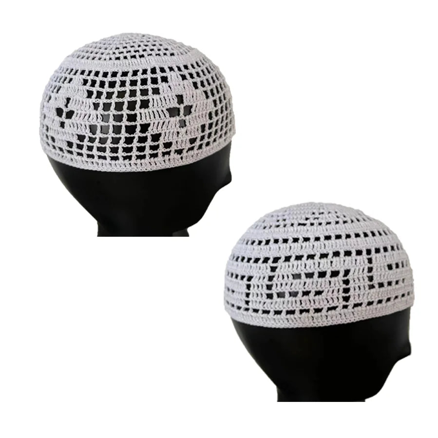 Premium Cotton Lattice Knitting White Muslim Skull Beanies Kufi Hats for Men Daily Outdoor Casual Handmade Breathable