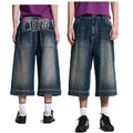 Custom Logo Patch Embroidered Men Jeans Shorts Acid Wash 100% Cotton Jorts Baggy Street Skating Loose Dark Blue Denim Shorts Men