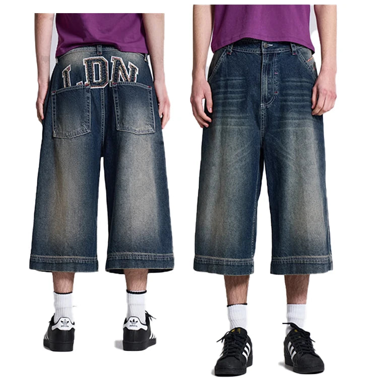 Custom Logo Patch Embroidered Men Jeans Shorts Acid Wash 100% Cotton Jorts Baggy Street Skating Loose Dark Blue Denim Shorts Men