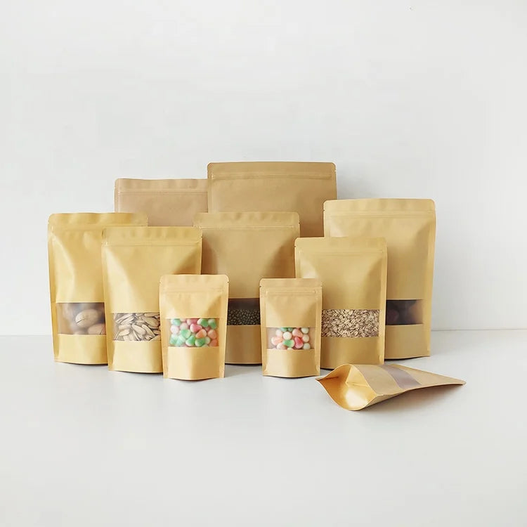 14x22cm Wholesale Plain Brown Zipper Stand up Kraft Paper Pouch/Kraft Paper Bag with Window for Food Packing Factory Price
