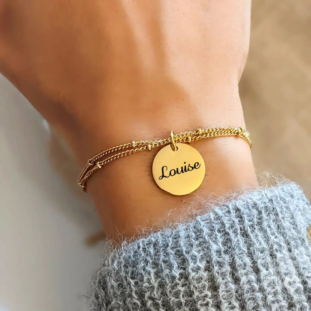 Custom Personalized Bracelet with Medal to Engrave and Double Beaded Stainless Steels Chain Bracelet Mom Gift
