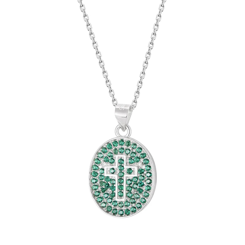 Hot Sale Fashion 925 Sterling Silver Religious Cross Pendant Necklace Emerald Zirconia With Chain Jewelry