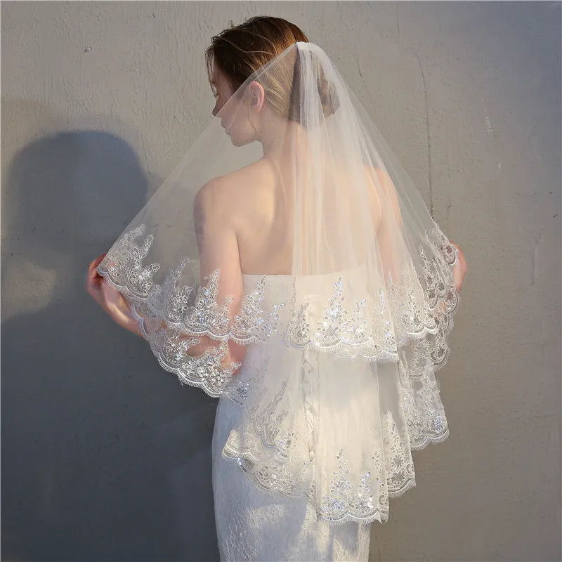 ROMANTIC Fashion Latest Short Tulle Wedding Bridal Veil Lace Women Wedding Veil