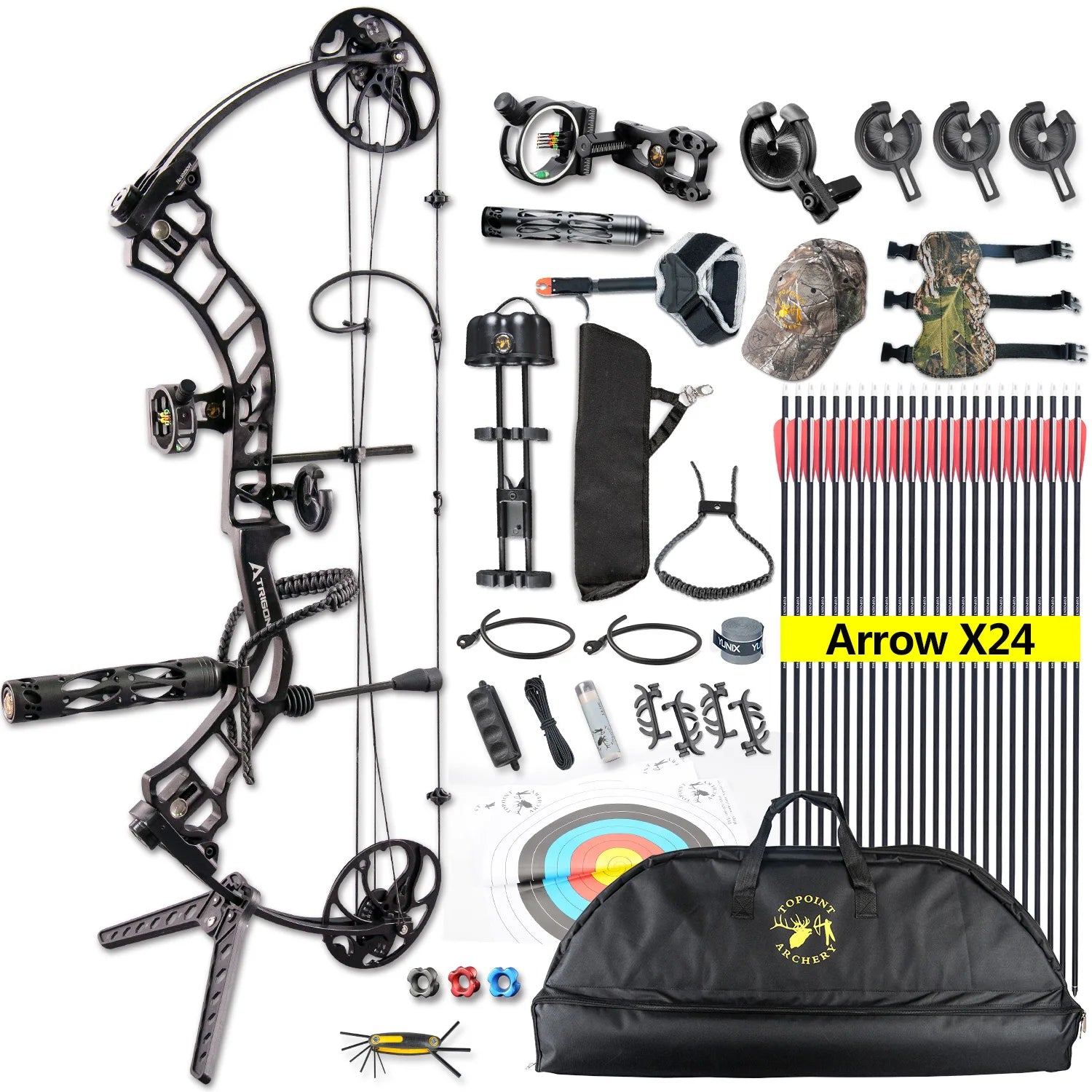 Topoint TRIGON Euipment 19-70LBS Adjustable Archery Carbon Arrows Compound Bow Set for Hunting Shooting