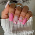 Custom Square Luxury Fake False Nails Set Artificial Fingernails Wholesale Soft Gel Rhinestone 3D Bow Pink Press On Nails Bulk