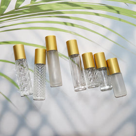 Ready to Ship 5ml 10ml Clear/frosted Metallic Roll on Glass Bottle with Steel Roller and Matte Gold Cap