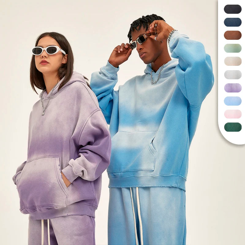Oversized Custom Hoodies With Own Logos 350 Gsm Poly Cotton Spray Dyeing Heavyweight Fleece Pullover Hoodie