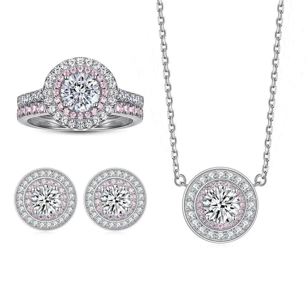 Hot Sale Silver Jewelry Sets White Gold Plated Round Cut Zirconia Ring Necklace Earrings 925 Sterling Silver Jewelry Sets