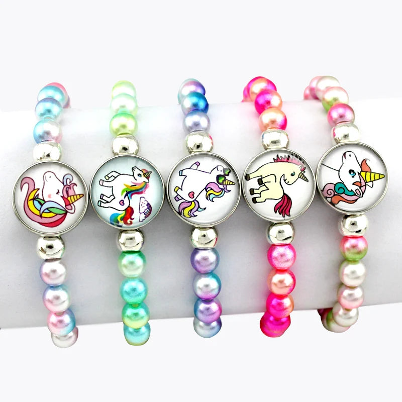 Kids Pearl Beads Elastic Band Bracelet Child Kid Unicorn Charm Personalized Snap Button Stretchy Beaded Bracelets for Children