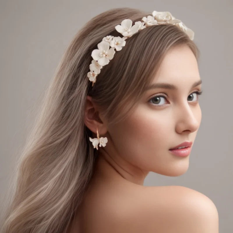 Handmade Wedding Hair Accessories Bridal Women Tiara Jewelry Ceramic Flower Hairband and Earrings Girl Floral Crown