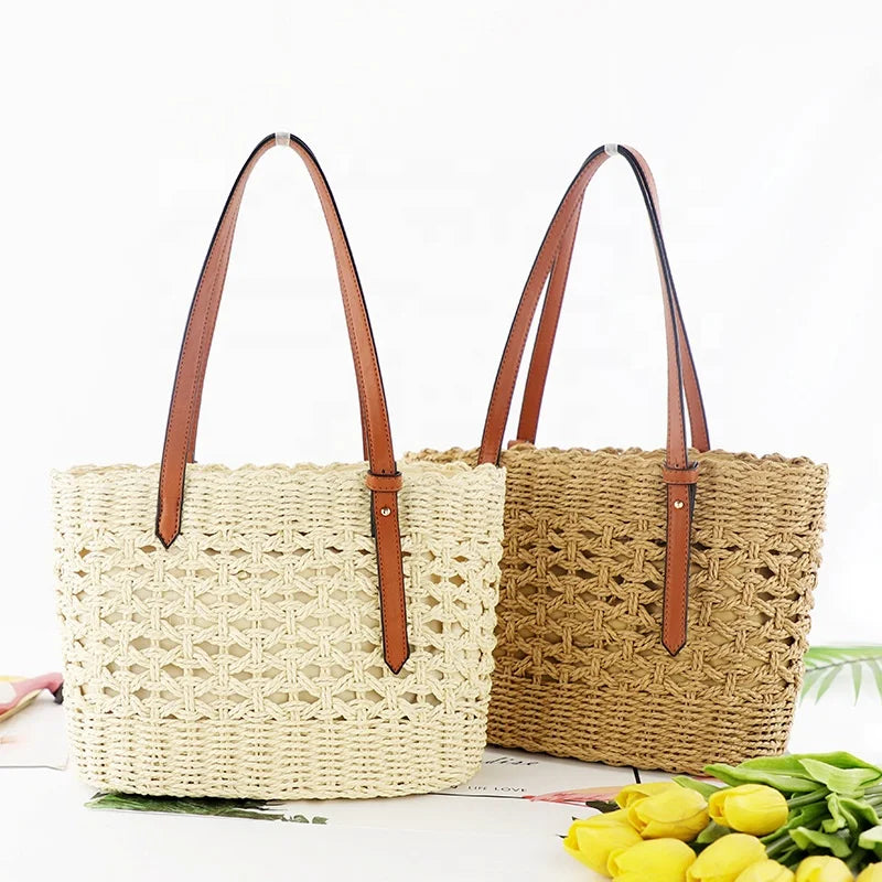 2026 Unisex Shoulder Hand-Woven Straw Bag Two Cotton Lining Soft Open for Beach Shopping Summer Travels