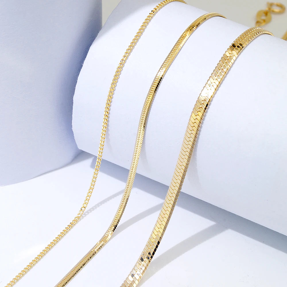 Trendy Au585 Real Gold Solid Pure Link Curb Herringbone Chain Bangle 14k Gold Bracelets for Women