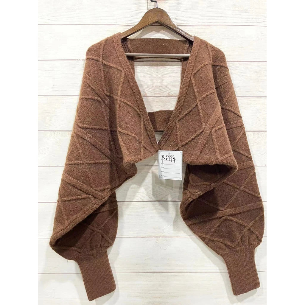 Women's Korean Style Open Front Bolero Chunky Knit Crop Shawl Sweater with Backless Loose Sleeve Ease Wear Short Winter Top