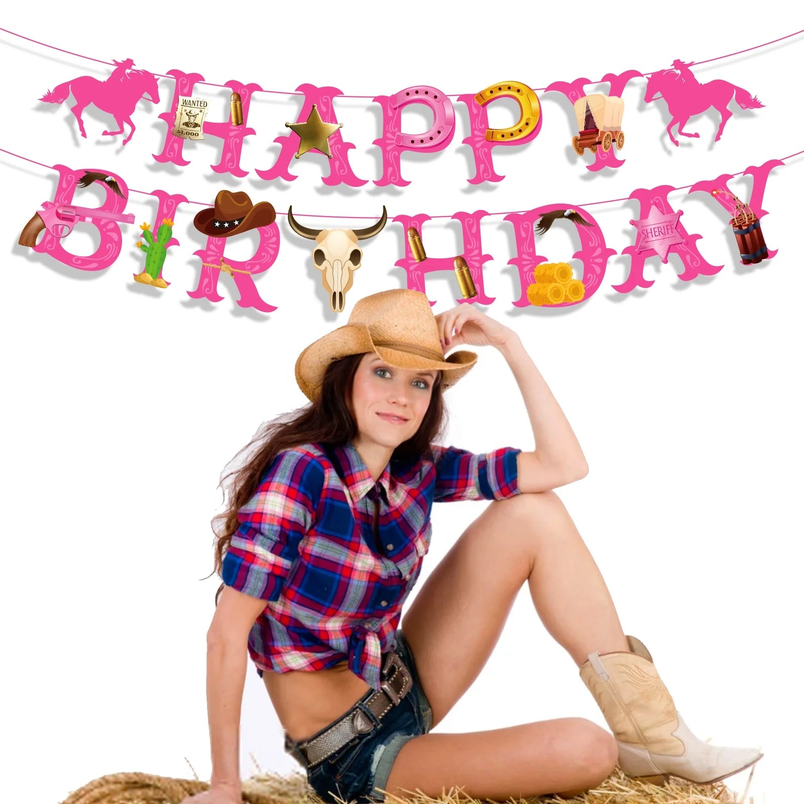 Huancai Wild Cowgirl Banner Happy Birthday Banner Flag Bunting Pink for Western Party Supplies Kids Birthday Party Decorations