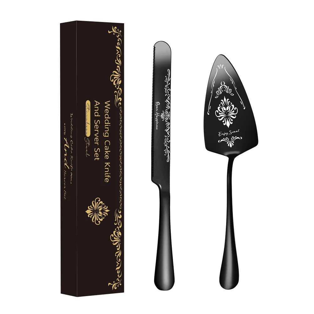 Hot Stainless Steel Gold Wedding Cake Knife and Server Set Metal Dinner Spoon Fork Knife for Home Kitchen Use