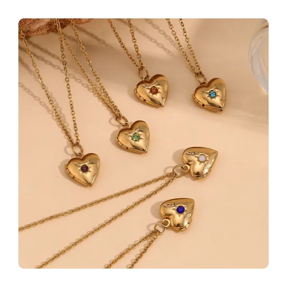 Personalized PIcture Pendant Necklace Gold Photo Locket Custom Photo Memory 12 Birthstones Heart Photo Locket Necklaces Gifts