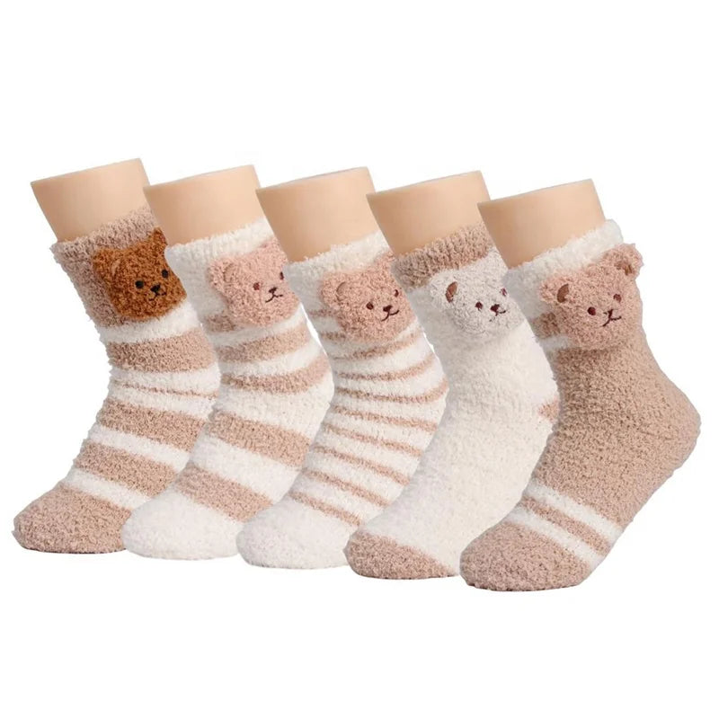 Wholesale Cute 3D Bear Design Soft Fluffy Crew Length Sleeping Socks for Women Custom Logo Print Warm Cosy Cozy Winter Socks