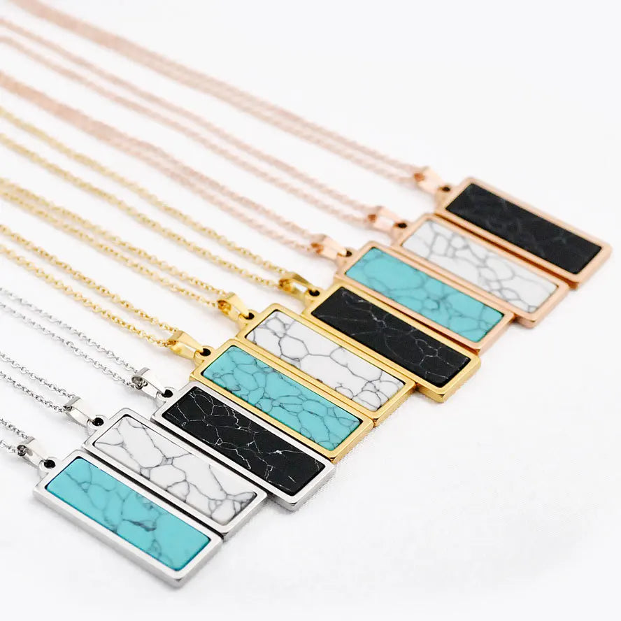 Stainless Steel Chain Rectangle Turquoise Pendant Bar Necklace for Women